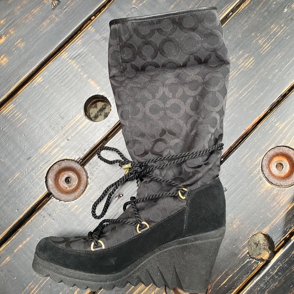 Coach black monogram jacquard Maisy rope tie lace up wedge winter boots Size 8 - Picture 4 of 16